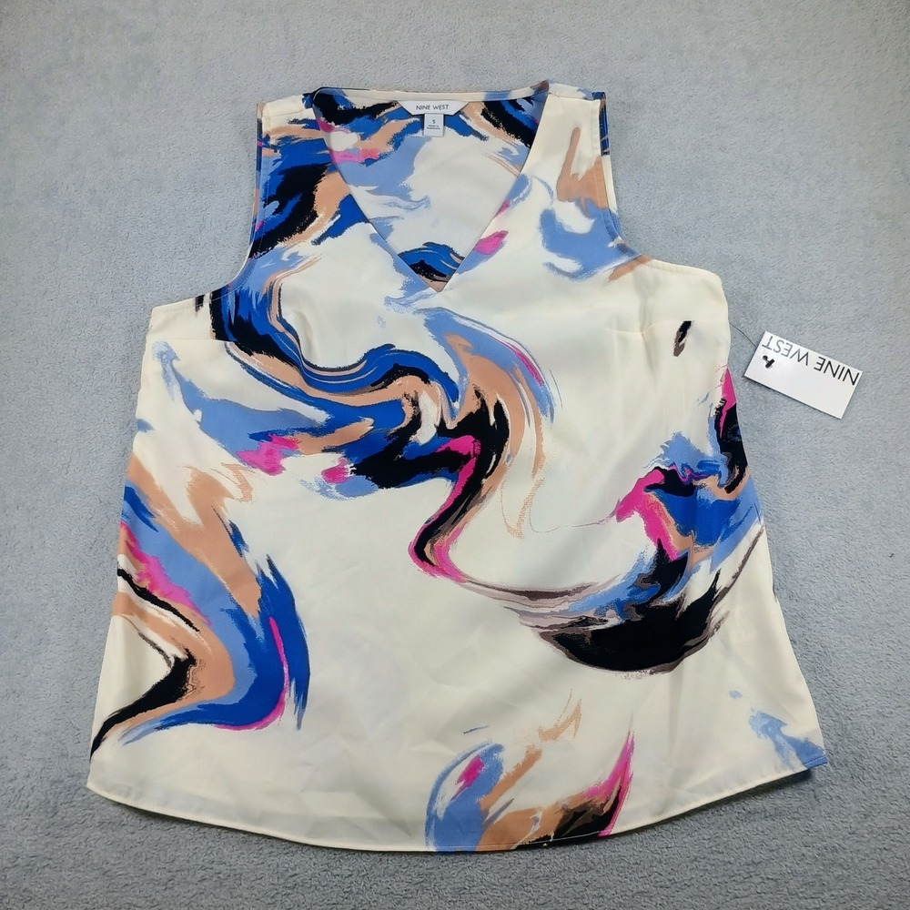 Nine West Womens Sleeveless V-Neck Abstract Print Blouse Multicolor Small NWT
